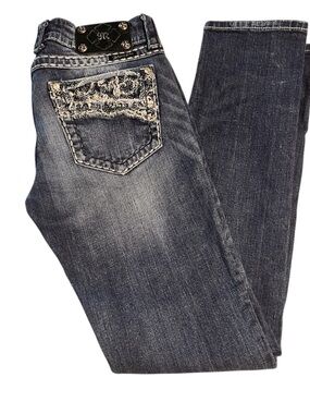 Miss Me Skinny Jeans JE5365SL Sz 29 Women's Whiskered Pockets Embellished Blue